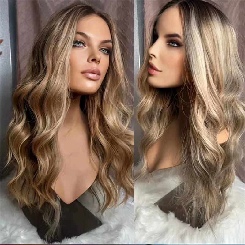 

Water Wave Lace Frontal Wig Cosplay Handtied Synthetic Golden Blonde Lace Wig Long Natural Woman Hair High Heat Fibre Glueless