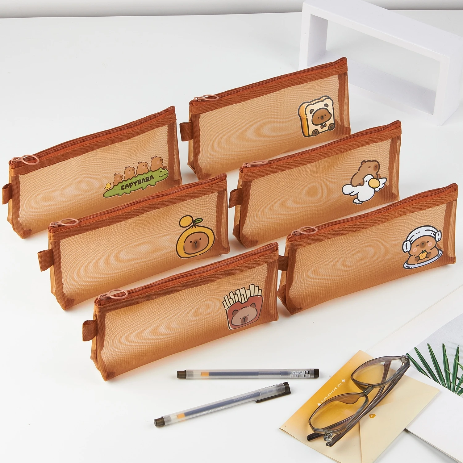 Capybara Mesh Pencil Bag Pen Case Cartoon Design Simple Transparent Storage Pouch for Stationery F7777