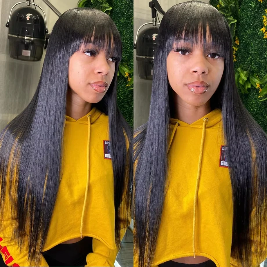 Full Machine Made Bone Straight Human Hair Wig With Bangs 220 Density 30 Inch Brazilian 3x1 Middle Part Wig Human Hair Natural Baby Hair image 3