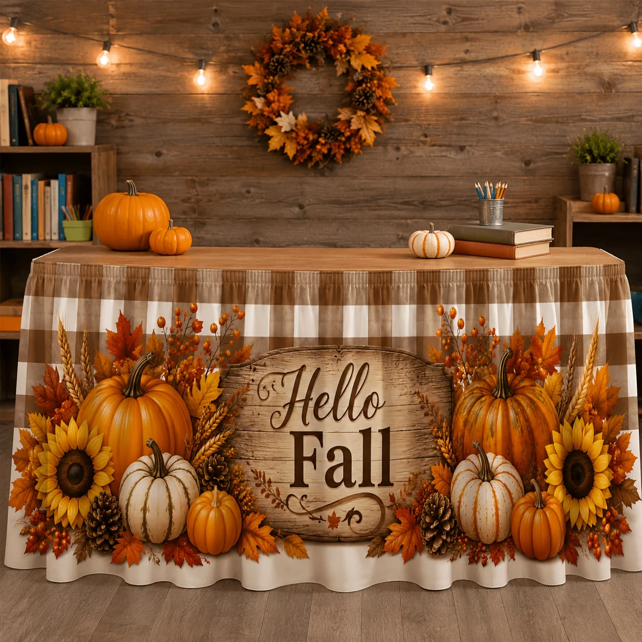 One tablecloth and table skirt, as autumn approaches, buffalo stripe wooden sign, pumpkin, sunflower, maple leaf.zyc
