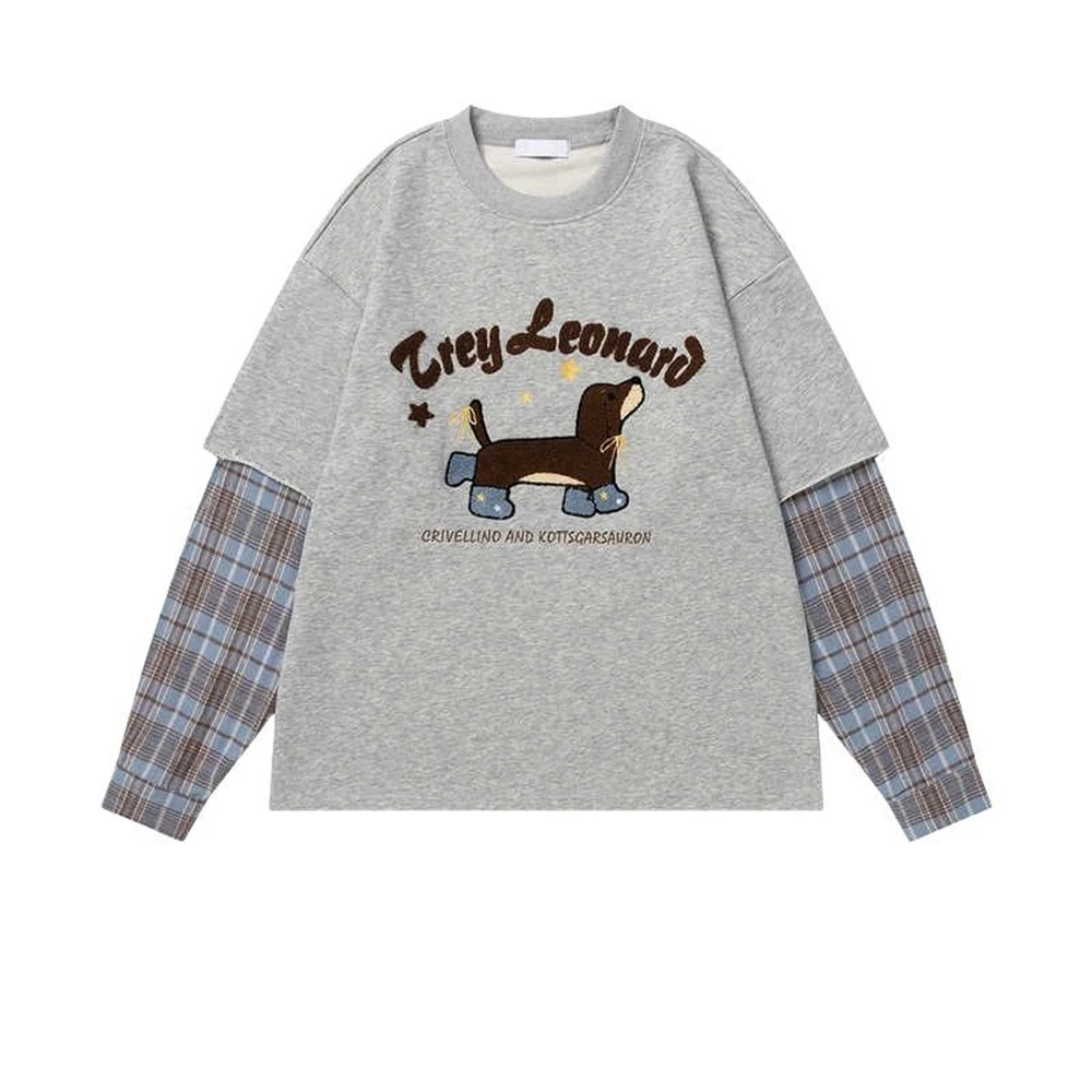 

Vintage sausage puppy embroidery long-sleeved sweater women's autumn loose casual fake two-piece top tide