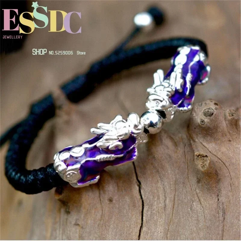 Hand Knitting Black Color Change with Temperature 999 Silver  Charm Men Fashion Pixiu  Bracelet Wholesale