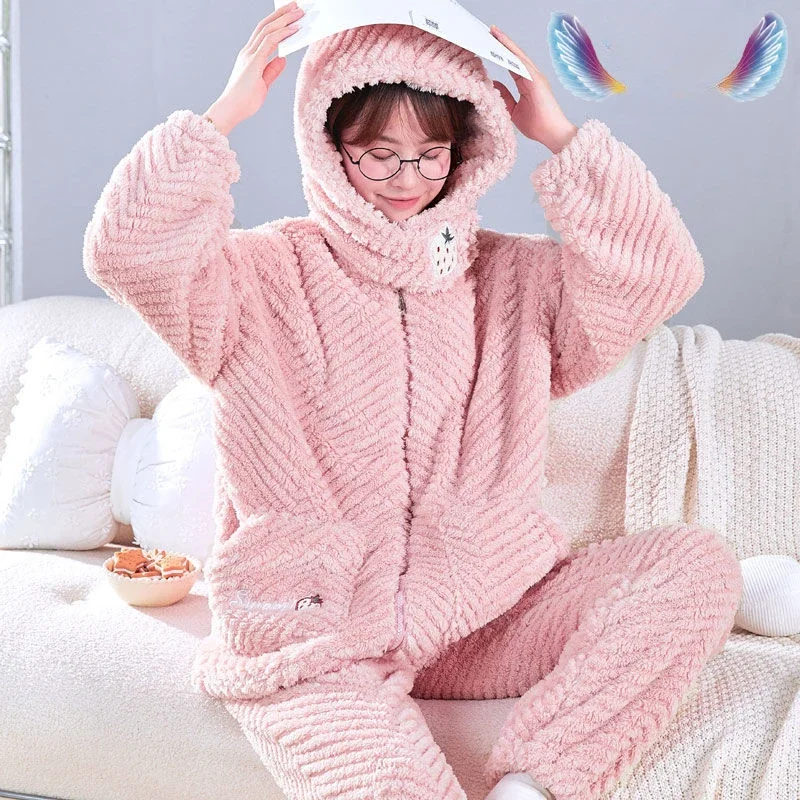 Autumn Winter Plus Fleece Thickened Lovely Flannel Ladies Spring/Autumn Coral Fleece Girls Homewear Set Pijama Ladies Pyjamas