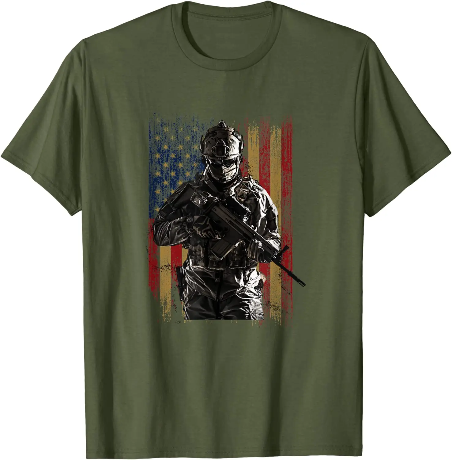 

USA Flag with American Special Force Soldier Men T-Shirt Short Sleeve Casual 100% Cotton O-Neck T Shirt