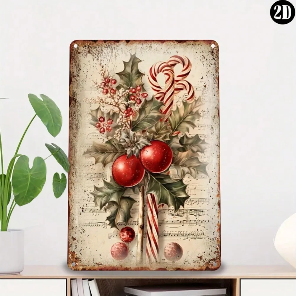 Letrero navideño vintage, arte de pared de metal personalizado de 8x12 pulgadas, bayas rojas/canetas de caramelo para el hogar/restaurante