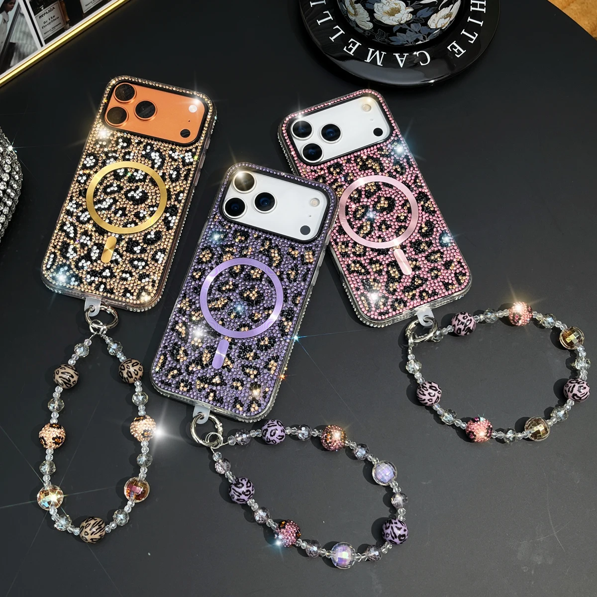 

Glitter Wireless Charging Magnetic Case for iPhone 17 Pro Max 16 15 14, Leopard Pattern Bling Hard Phone Cover Funda Lanyard
