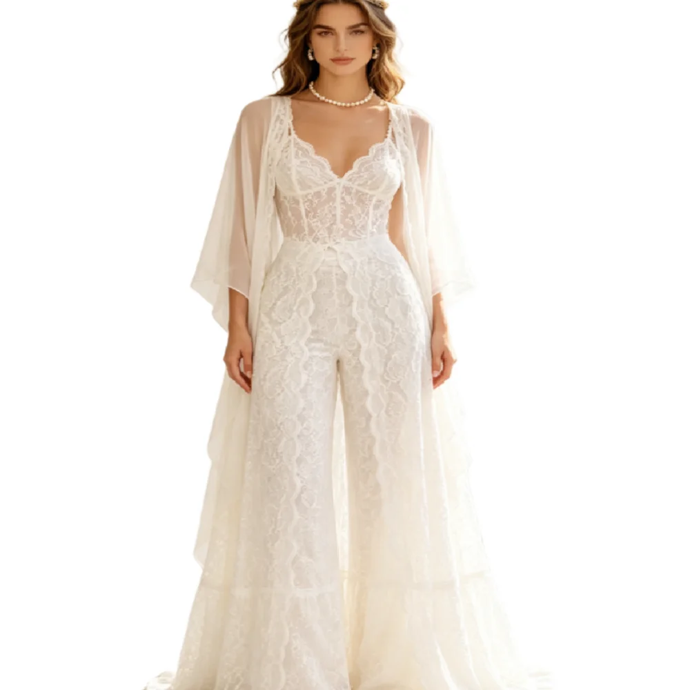Bohemian Lace Jumpsuit Wedding Dress V Neck Corset Lace Bodice Wide Leg Flare Bridal Wear Kimono Cape Elopement Outfit Customize
