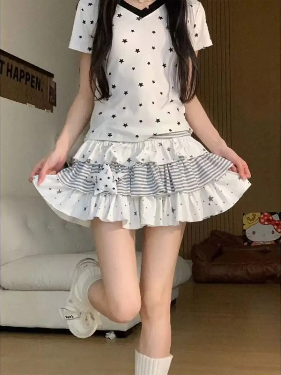 Sweet Summer Slimming Star Stripe Cake Short Skirt Half Body Sparkling Diamond Baking Girl Japanese Style Midi Skirt