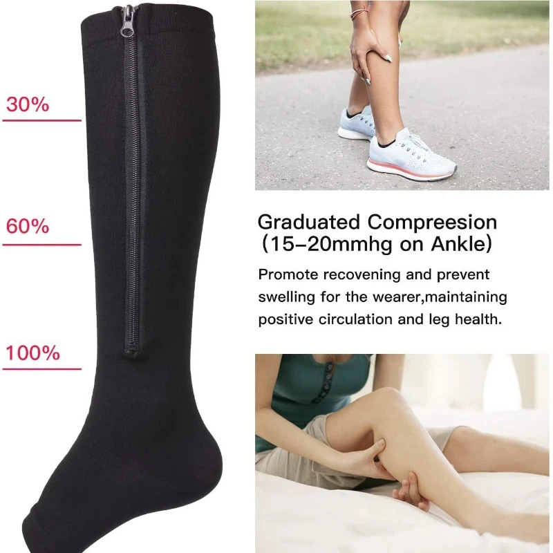 1/2 Double Medical Zipper Compression Stockings Women Varicose Stockings Diabetes Nurse Stockings Running Cycling Travel Hiking