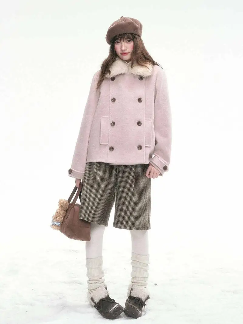 

Women's Winter Coat Outerwear Pink Letter Korean Sweet Detachable Fur Collar Double Breasted Quilted Wool Blend Coat Simple