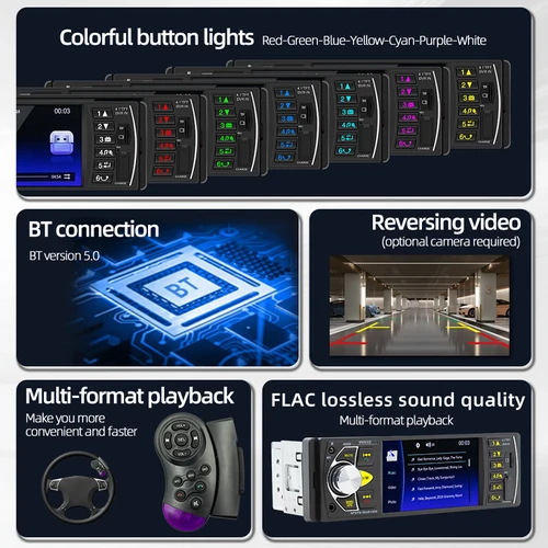 Imagen 2 del producto Radio de coche Bluetooth, 1 Din, reproductor MP5, manos libres, USB TF Aux FM estéreo, control remoto en el volante, cámara de respaldo, unidad principal 4022D