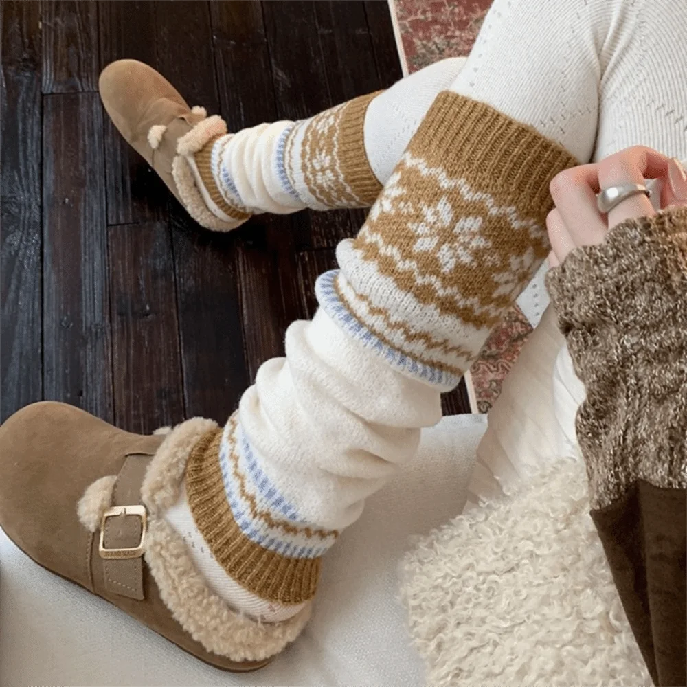 Soft Texture Fair Isle Leg Warmers Snow Pattern Thick Knit Calf Socks Wool Blend Casual Style Sock Cuffs Daily
