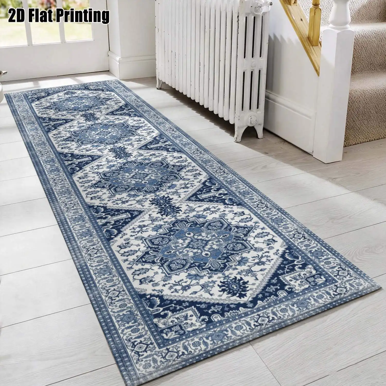 1Pc 2D Printed Strip Runner Carpets: Blue-White Symmetrical Geometric, European, Bohemian, Floral, Simple Geometric Styles Machine Washable, Multi-Size, Home Decor Suitable for Entryway, Hallway, Living Room, Bedroom.