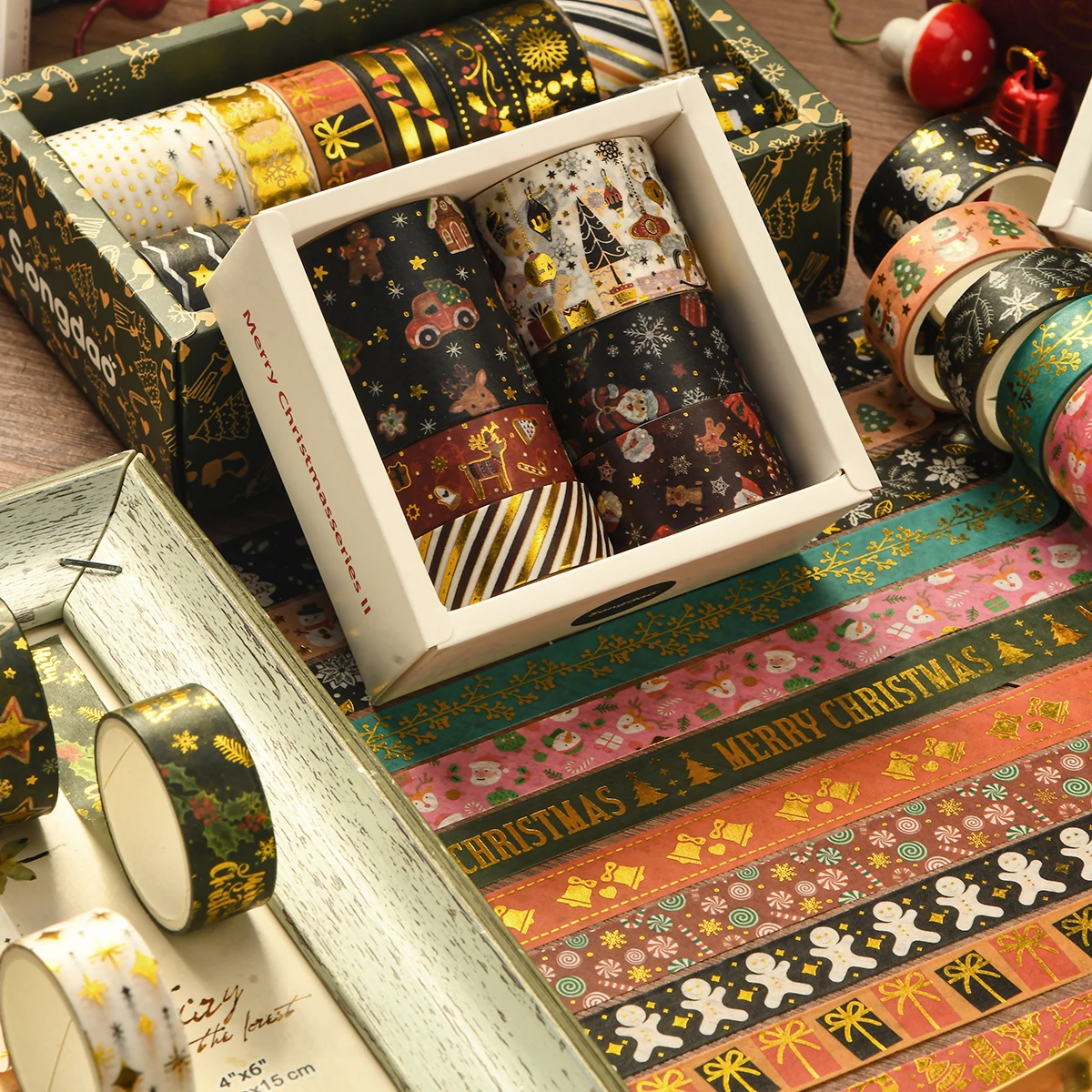 6 rolls of Christmas-themed washi tape, suitable for decorating planners, photo frames, and gift boxes, exquisite holiday gifts