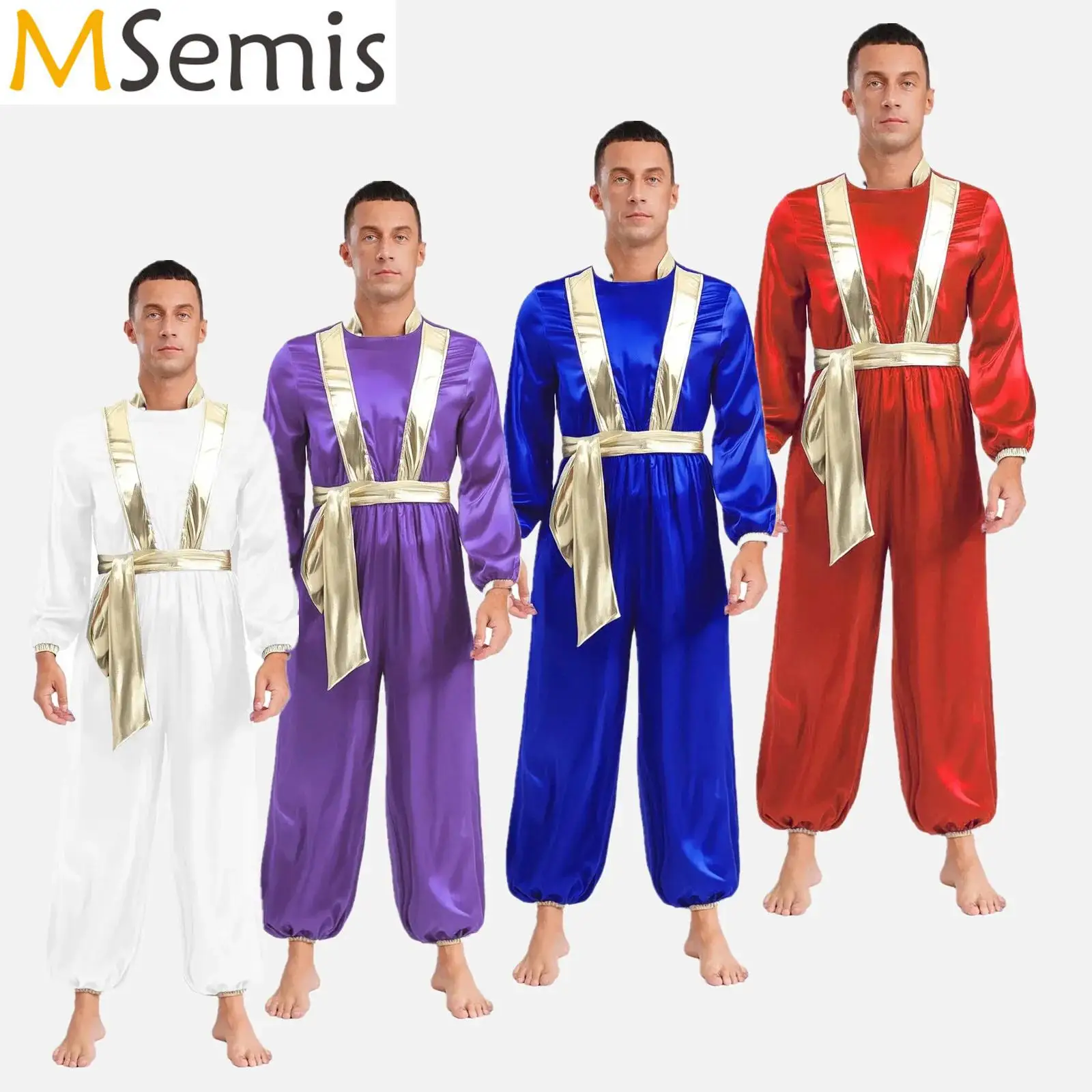 

Mens Shiny Metallic Arabian Prince Fairy Tale Cosplay Outfits Arab King Halloween Costume Long Sleeves Back Zipper Gold Clubwear