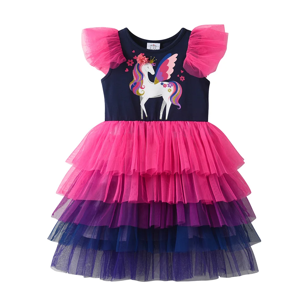 VIKITA Girls Unicorn Princess Flutter Sleeve Summer Navy Dress Kids Gradient Tiered Sparkle Wedding Party Elegant Layered Dress