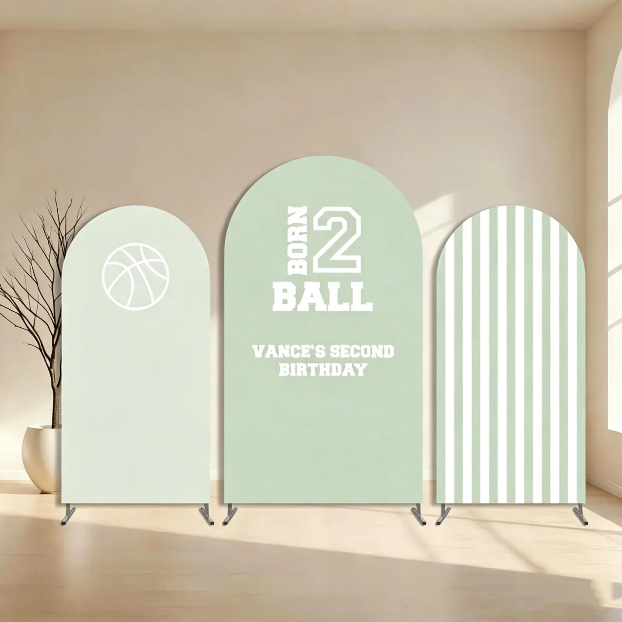 Custom Double-Sided Born Two Ball Baby Shower Arch Backdrop Cover Basketball Blue Stripes Birthday Party Photobooth Background