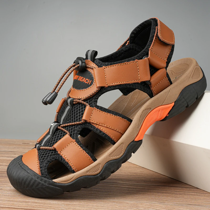 

Outdoor river tracing men's beach sandals with genuine leather breathable mesh design, anti slip and wear-resistant summer casua