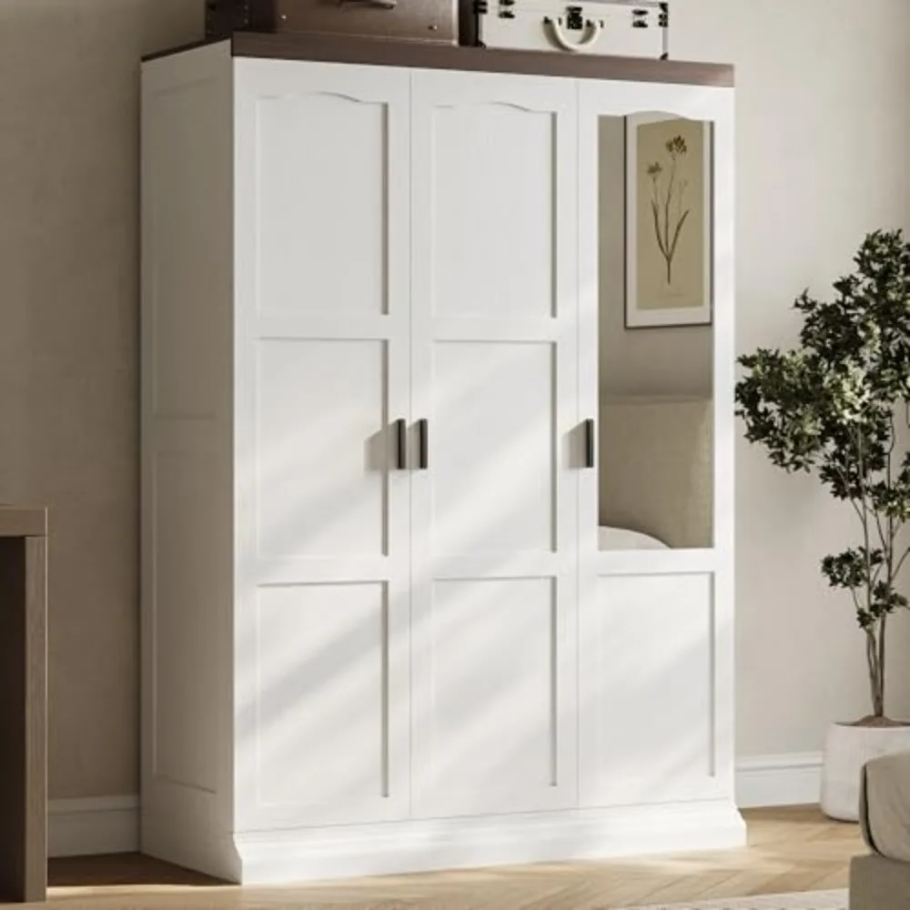 3-Door Armoire Wardrobe Closet with Mirror and 2 Hanging Rods | Long & Short Hanging Zones / 3 Shelf Levels /