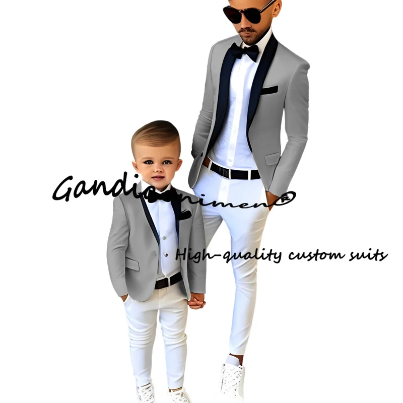 Boys Suits 2 Pcs Black Collar Jacket White Pants Wedding Tuxedo Fashion Kids Clothes Slim Fit Custom Blazer