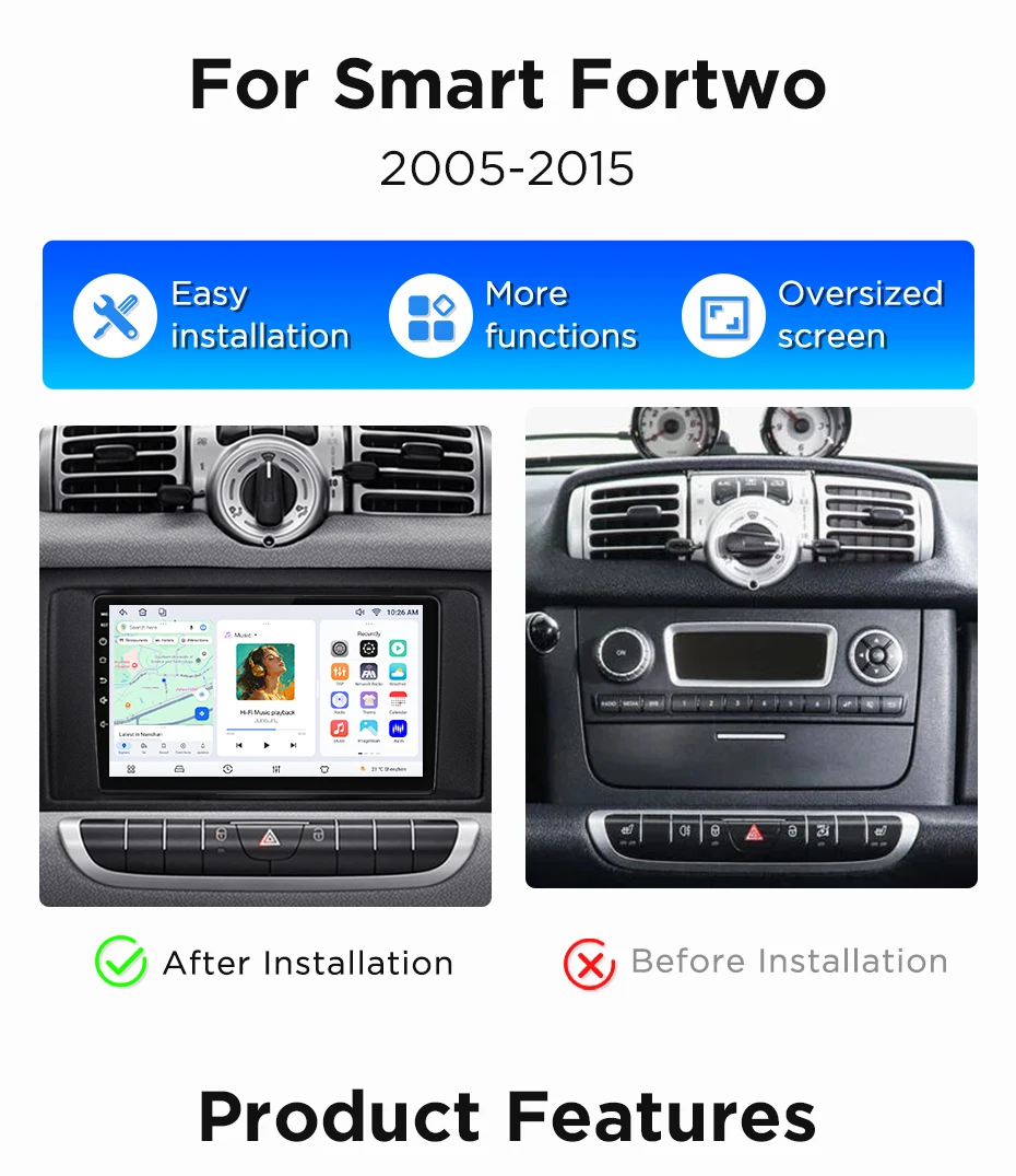 Junsun Kabelloses CarPlay Android Auto Autoradio für Mercedes Benz Smart Fortwo 451 2011 2012 2013 2014 2015 2 DIN Multimedia Stereo SWC BT FM RDS DSP Auto-Intelligenzsysteme GPS-Navigation – Detail 3