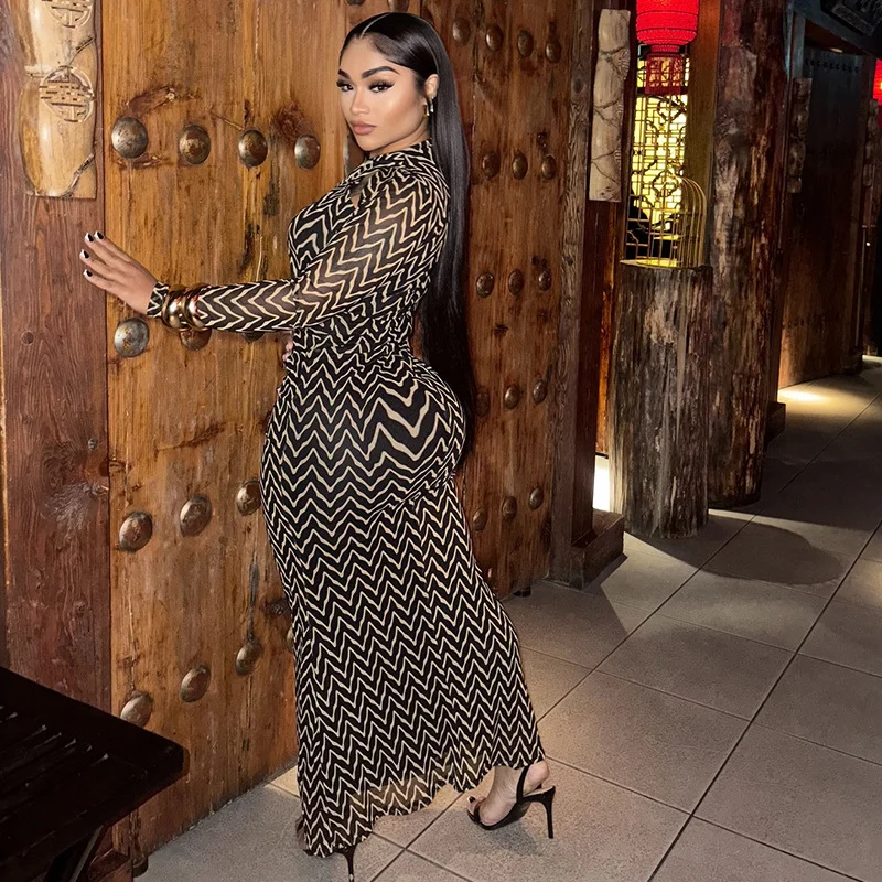 Vestido Maxi Bodycon com Estampa Listrada Sexy, Manga Longa, Recortes, Ajuste Slim, Elástico, para Festas e Clubes, Roupas Femininas