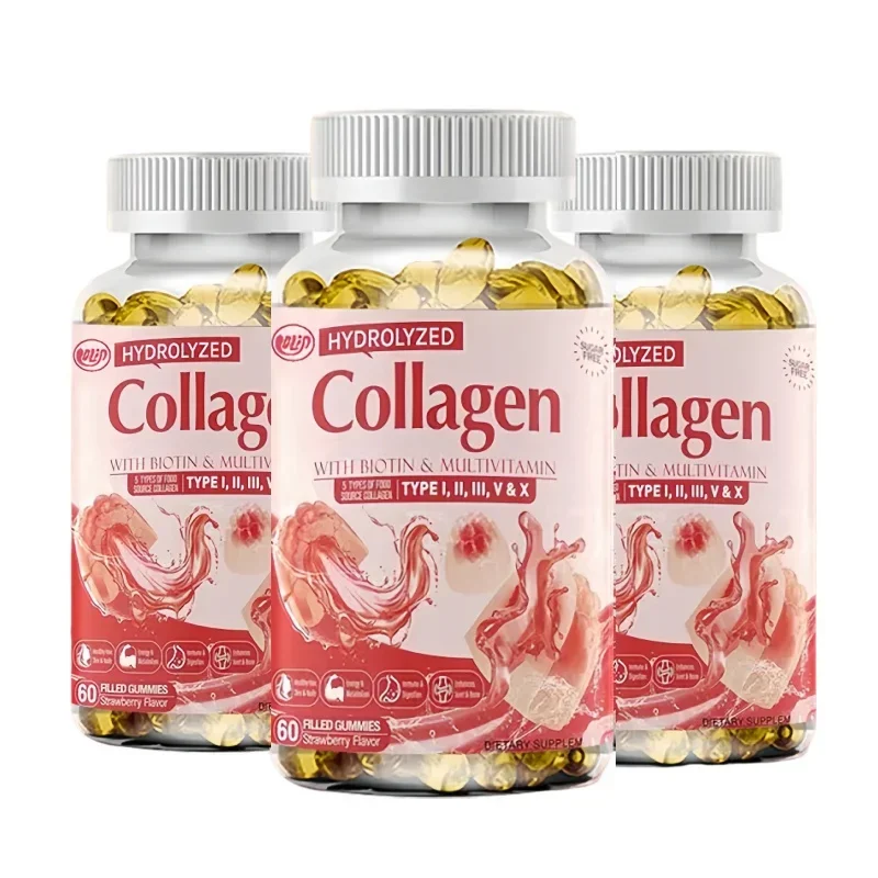 Gomitas rellenas de péptido de colágeno hidrolizado sin azúcar, tipos de proteínas I,ii,iii,v,x que contiene biotina, vitamina C, A, E, D3, B6, B12