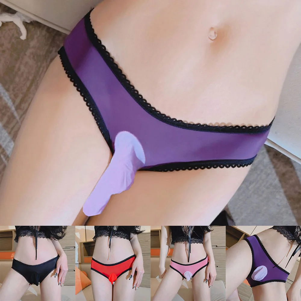 Men\'s Sexy Ice Silk Hollowed Sissy Lingerie Pouch Panties Bow Tie Briefs Underwears Thin Low Waisted Tight Male Briefs