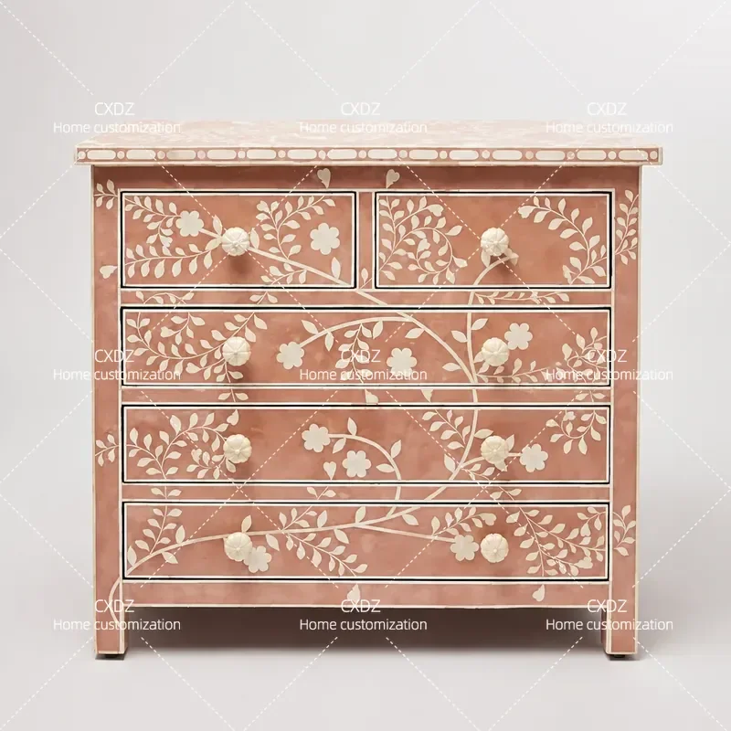 American Country Solid Wood 5 Drawer Cabinet Bedroom Retro Hand Painted Storage Locker French Style Vintage Dresser Chest