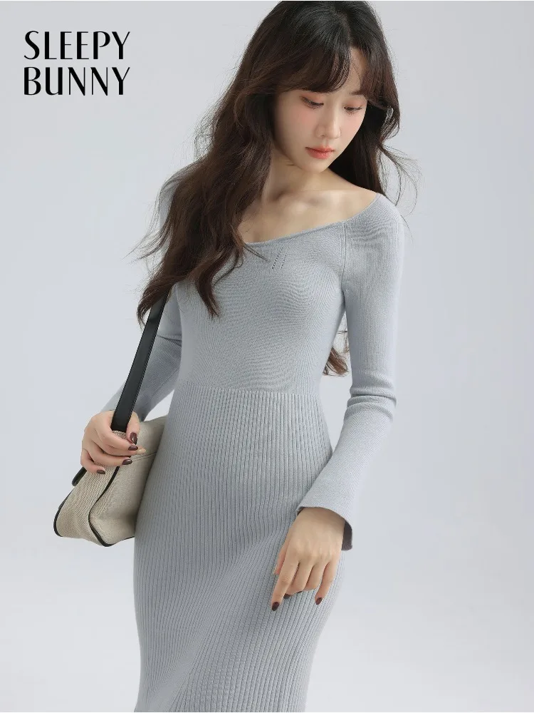 

Elegant Slim Fit Knit Dress for Women Long Sleeve Bodycon Midi Dress French Style Winter Ribbed Sweater Dress for Daily Wear