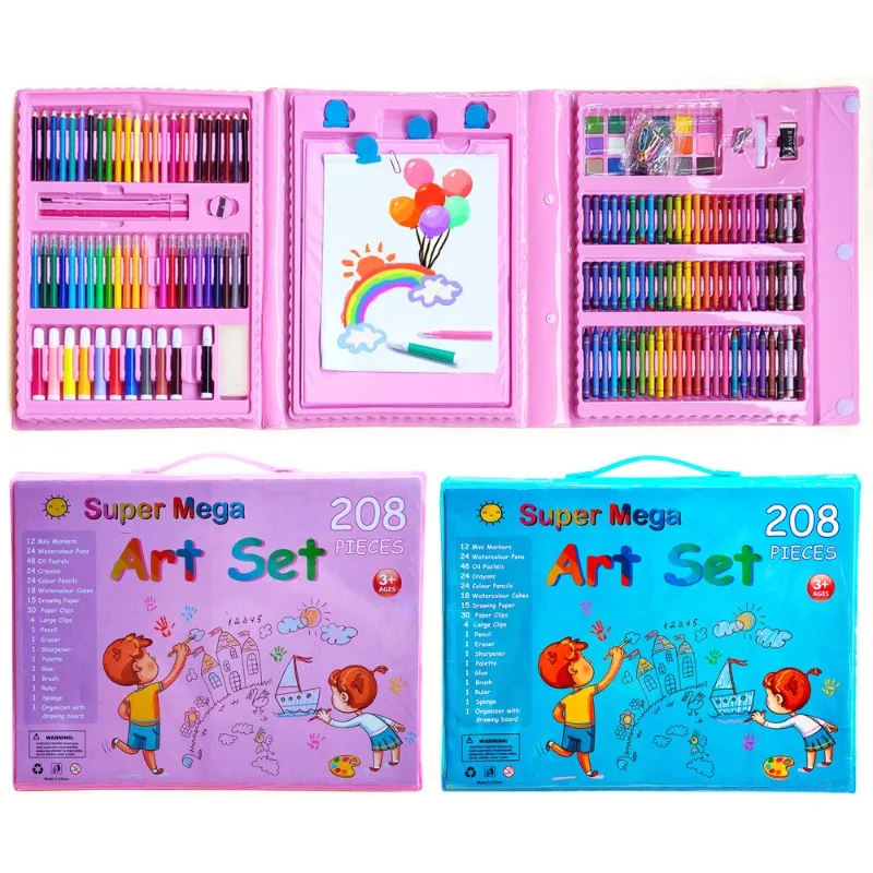 208ピース-キッズアートセット-クレヨン-水彩鉛筆-折りたたみ式イーゼル付き-子供用お絵かきセット