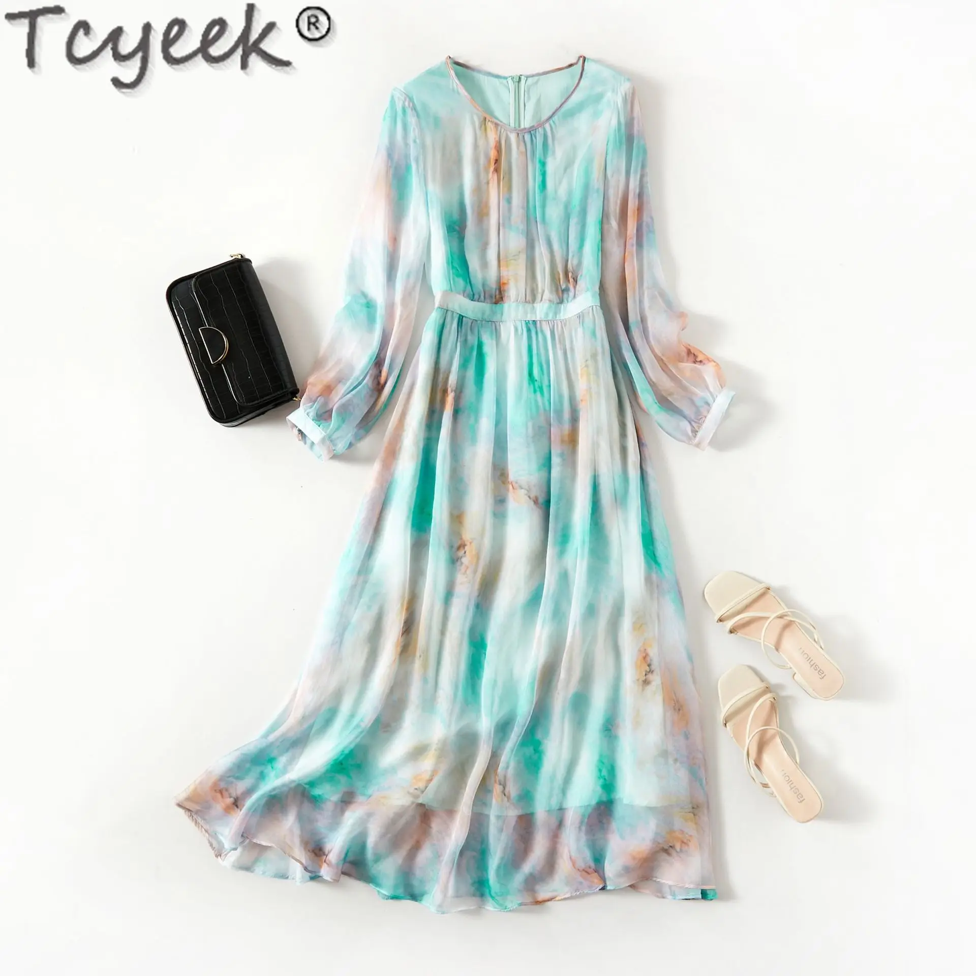 

Tcyeek 100% Real Mulberry Silk Dress for Women Fashion Summer Dresses 2024 Long Dress Elegant Women's Dresses Vestido Feminino