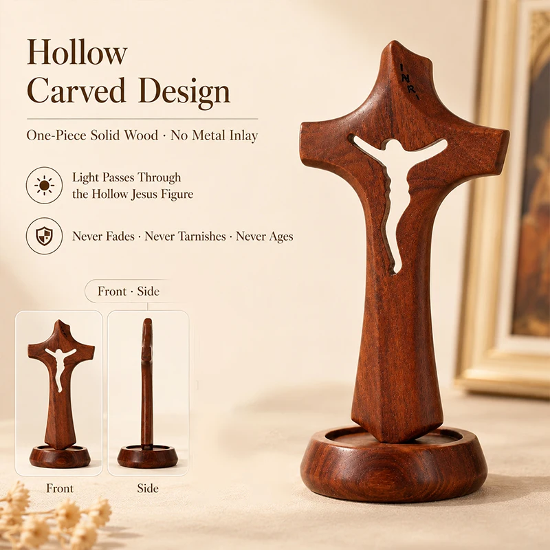 Vintage Wooden Cross Small Statue, Smoothly Polished, Ideal Holiday Decoration, Perfect for Placing in the Bedroom or on a Desk