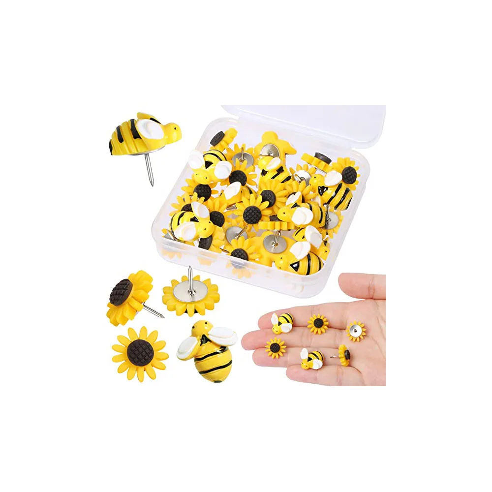 30 unids/caja de alfileres de abeja de girasol y miel, decoración de primavera, tachuelas de pulgar de girasol, tachuelas decorativas de tablero de corcho de flores para Bulle