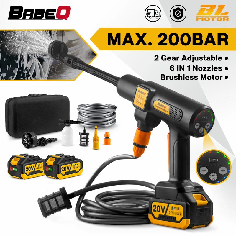 BABEQ 200Bar Brushless High Pressure Car Washer Gun 3500W Electric Sprayer Garden Washing Water Gun For Makita 18V Battery Pin