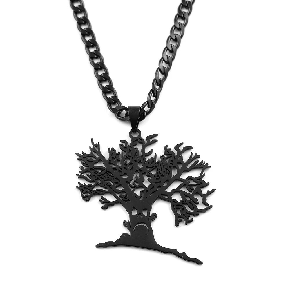 Gotische Hohlschädel-Lebensbaum-Anhänger-Halskette für Damen und Herren aus Edelstahl in Silberfarbe mit Gruseliger Baumkette – Detail 4