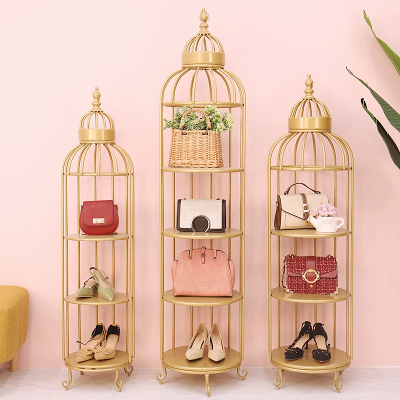 Creative Window Display Rack Clothing Store Wrought Iron Gold Floor-To-Ceiling Multi-Layer Rack Shoe Store Shoe Bag Rack