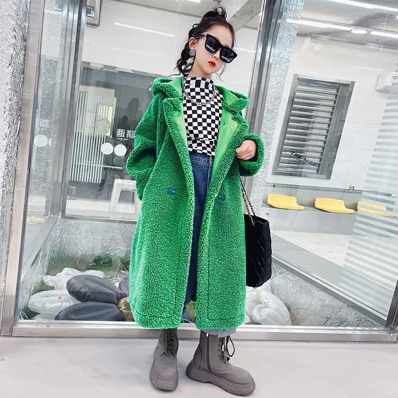 New Fashion Hooded Coat for Girls Autumn Winter Thick Warm Fur One-piece Tops Kid Clothes Teens Casual Long Outerwear 4-14 Y