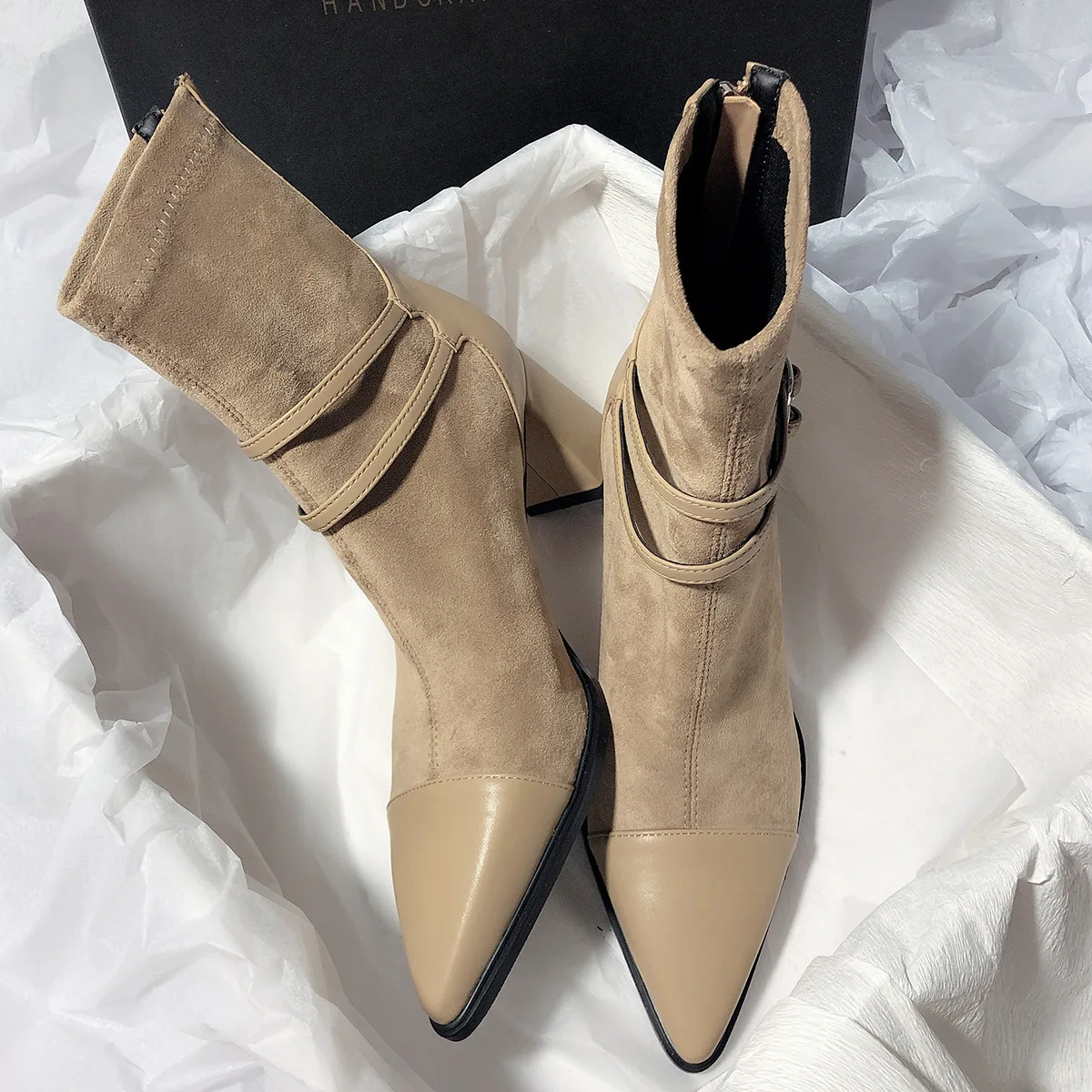 Women's Boots 2025 Spring and Autumn Thick Heel Pointed Splicing Elastic Skinny Boots Large Short Tube Middle Heel Women's Boots