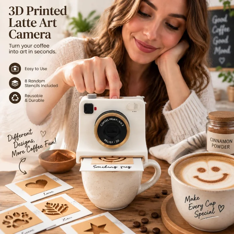 3D Printed Latte Art Camera Mechanical Coffee Powder Printer with 4 Stencils for Cappuccino Hot Chocolate Coffee Lovers Gift