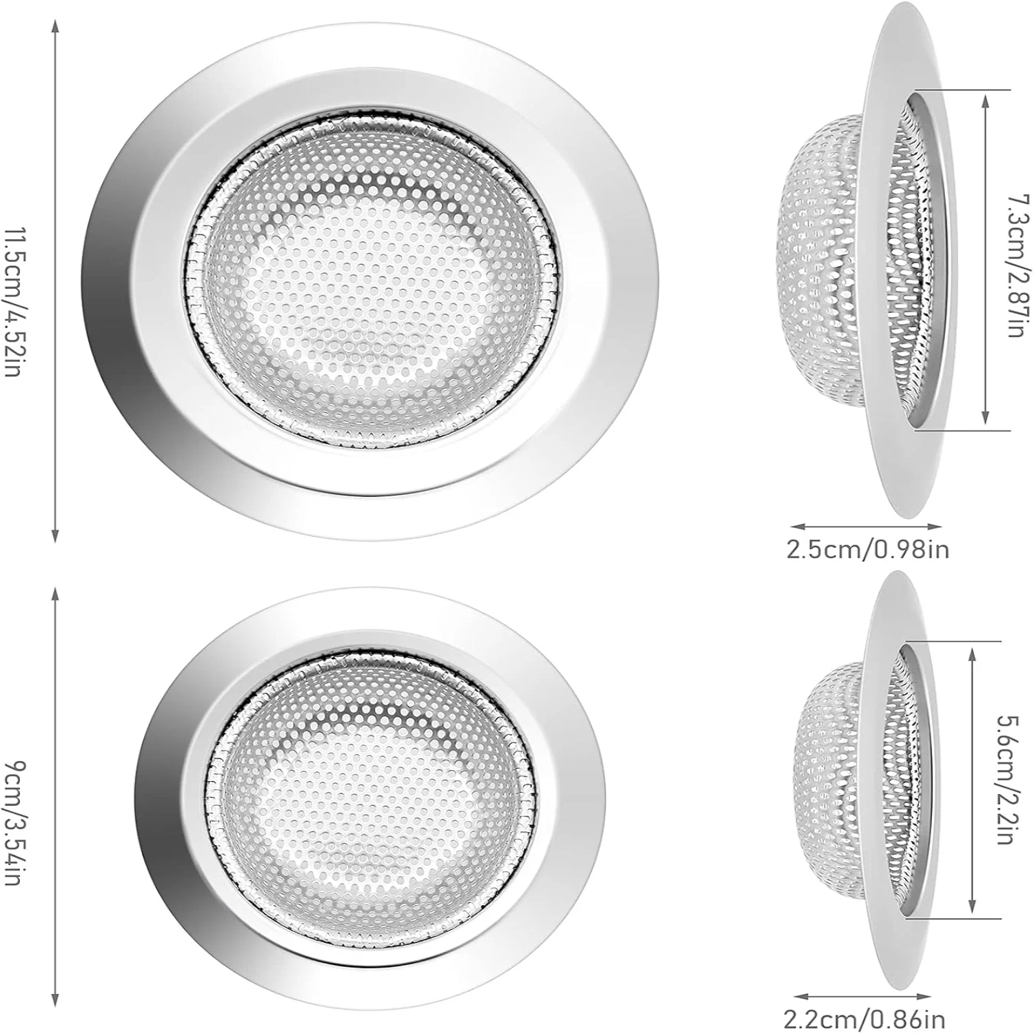 2 Stück Küchenspüle-Abflusssieb, 8,9 cm und 11,9 cm Edelstahl-Haarfänger für Badezimmer, verstopfungssicheres Schminktischkorb-Sieb, Fi