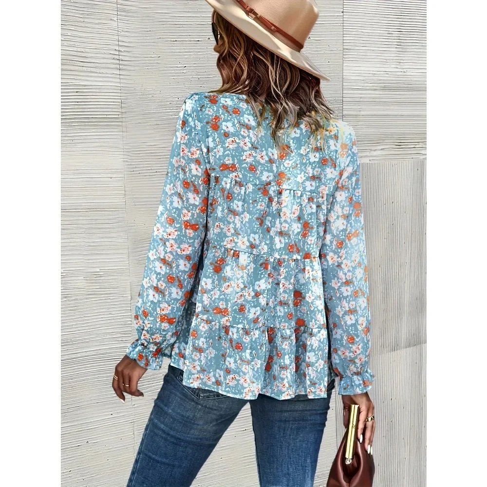 حجم كبير 1XL-5XL المرأة الجديدة التلبيب الياقة البوهيمي شيك الأزهار طباعة قميص مع السيدات عادية كم طويل بلوزة قميص علوي #2