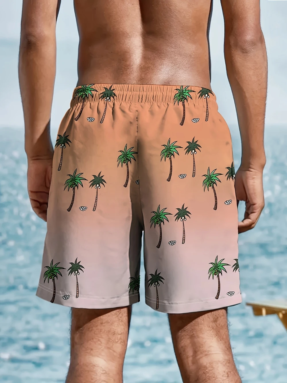 Calções de praia masculinos com estampa digital 3D de palmeira tropical calções casuais de verão com bolsos para férias e atividades ao ar livre