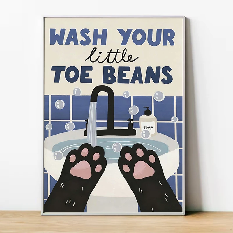 

Wash Your Little Toe Beans Print Posters Cute Cat Bathroom Decor Cat Lover Gift Funny Pet Wall Art Aesthetic Bathroom Poster