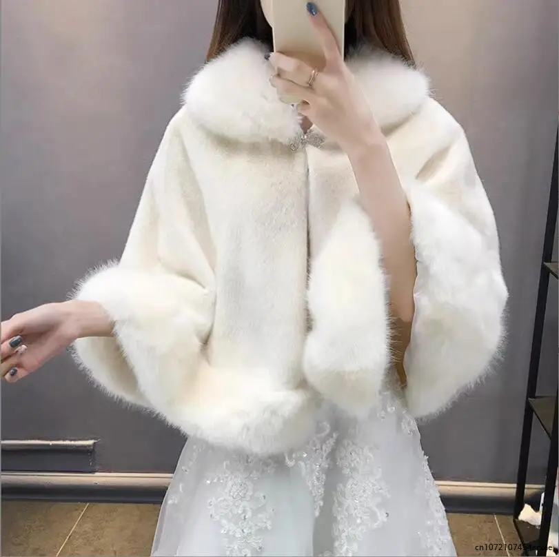 

Faux Fur Party Wrap Women Autumn Winter imitation Fox Fur Collar Coat Cloak Jacket Wedding Dress Outside The Marriage Shawl Warm