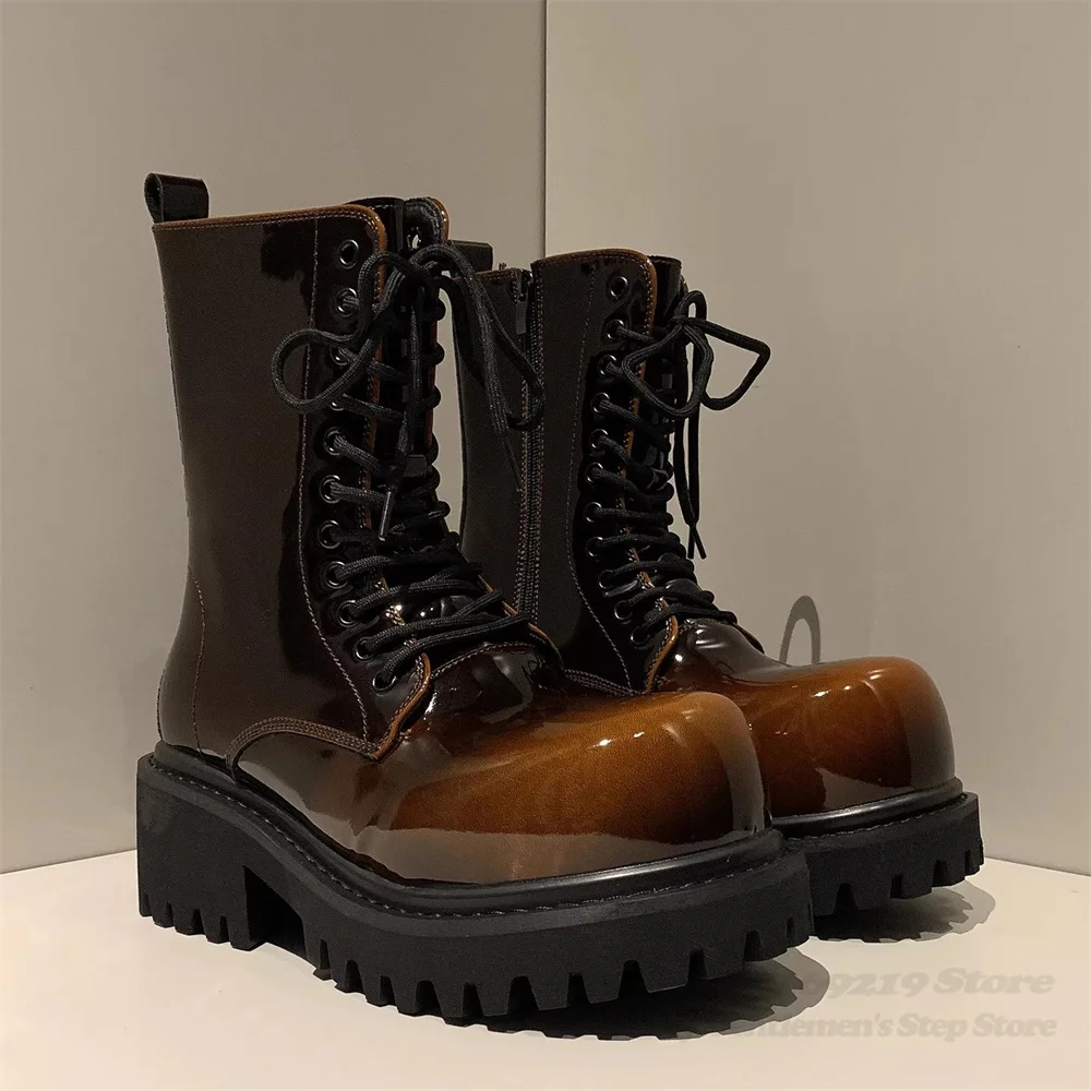 

Spring New 12cm Invisible Height Increasing Mid Calf Boot Men Round Toe Patent Leather British Style Lace Up Casual Work Boots