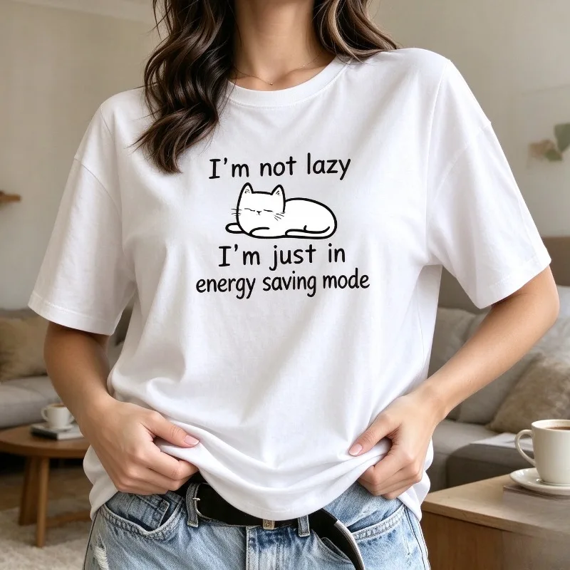 Women Funny Cat T Shirt I'm Not Lazy Energy Saving Mode Graphic Modal Top Casual Tee for Cat Lover Daily Home Office Gift