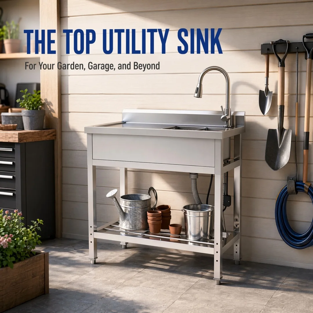 Freestanding Utility Sink Black And Silver Stainless Steel Large Single Bowl With Pull-Out Faucet Bottom Grille For Garage