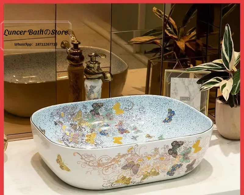 Art Ceramic Countertop Basin, European Style Butterfly Flutter Hand Wash Sink for Bathroom, Outdoor Balcony Washbasin
