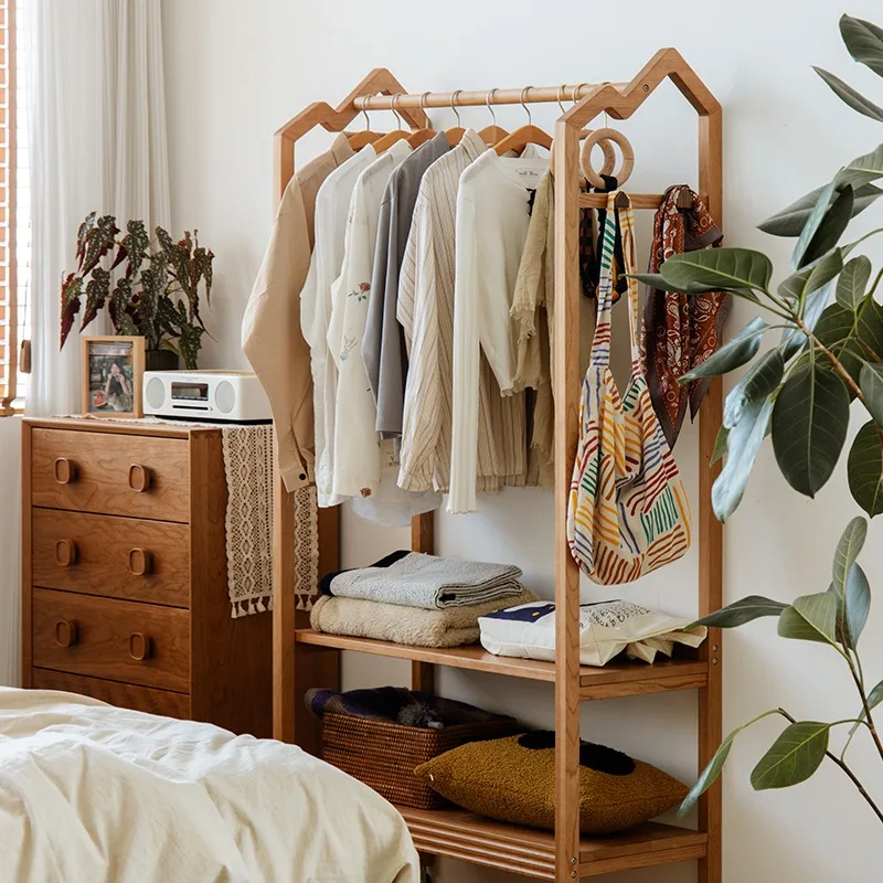 Cherry Wood Hanger Floor with Wheels Hanger Storage Open Coat Rack Light Luxury Coat Rack